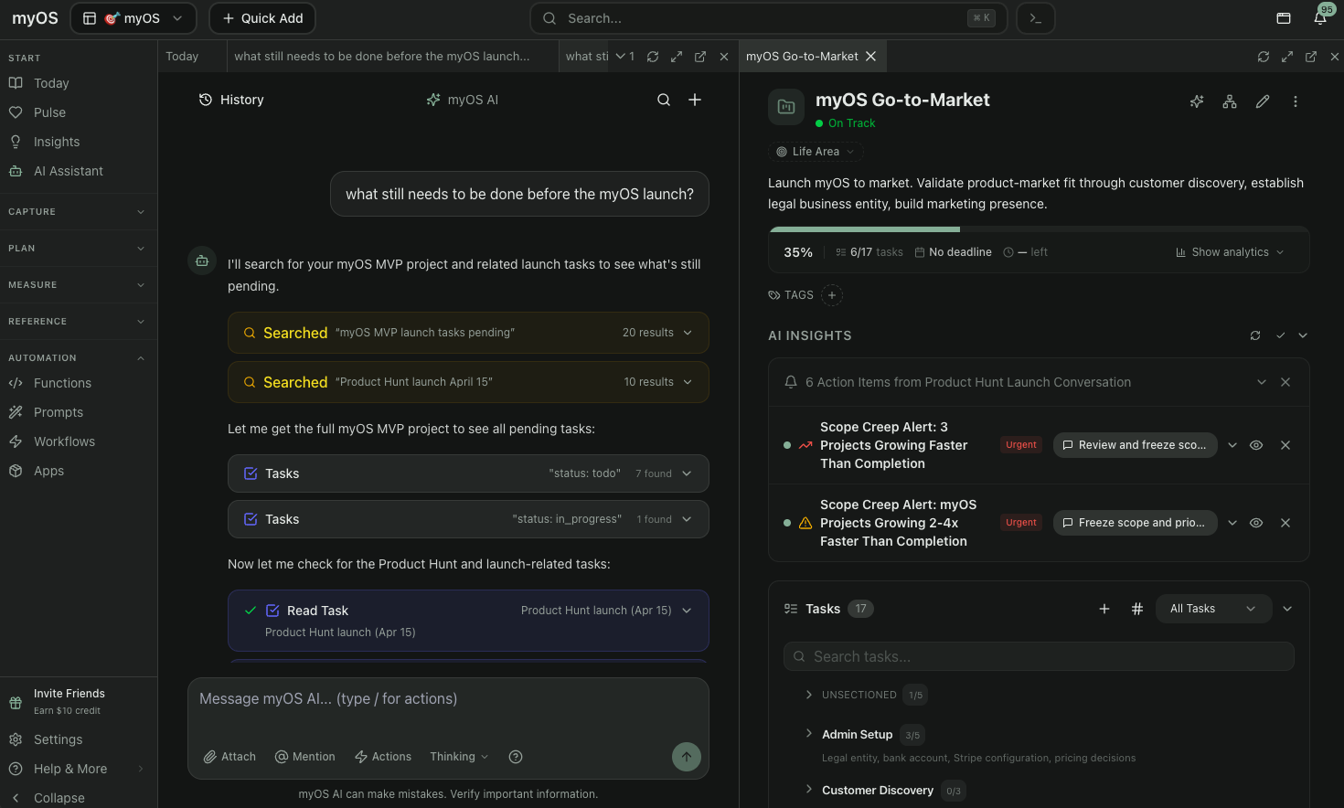 myOS workspace — tasks, notes, goals, and calendar connected with an AI assistant